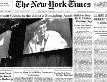 Front page On This Day in 1997 Microsoft buys a $150 million share of Apple.